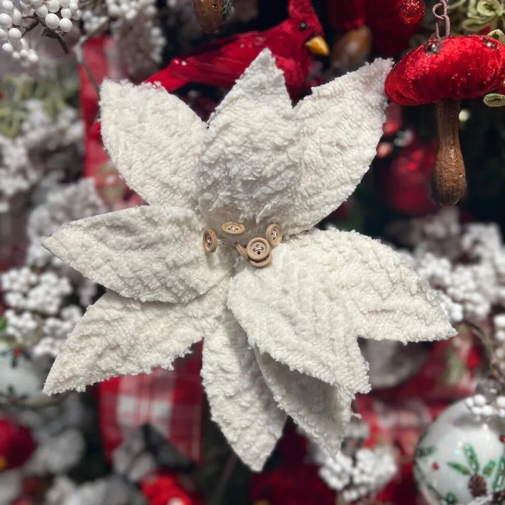22 inch Winter Chalet White Poinsettia with Buttons Christmas Tree Accent Decor
